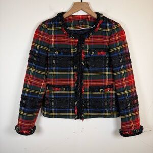 J. Crew Lady Jacket Stewart Tartan Blazer Size 2 Red Black Fringe Plaid Wool